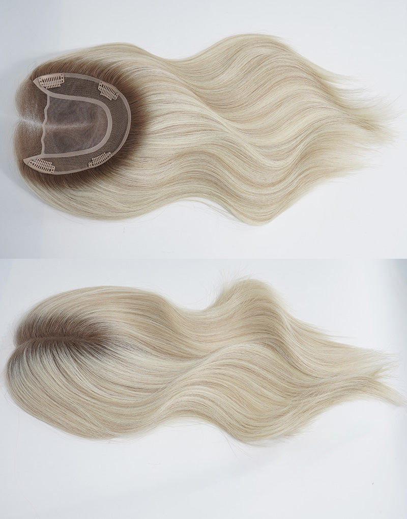 5.5"x6" Wavy Fine Mono Human Hair Topper Seamless Clip-In Coverage For Thinning Hair
