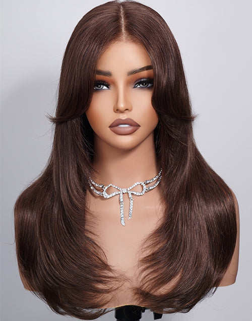 Madelin- Pull Go Wig Brown Color Curtain Bangs Layered Straight Glueless Wig With Drawstring Pre Cut Lace