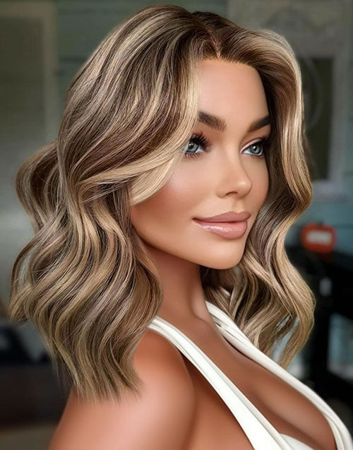 Zoe-Natural Balayage Brown And Blonde Highlights 13X4 Wavy Bob Human Hair Wig