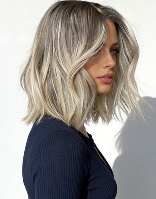 Mela-Ombre Ash Blonde Short 13x6 Lace Front Bob Wig With Ash Root Glueless Human Hair Wig