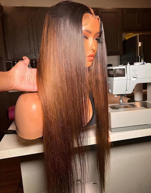 22" Ombre Brown Color Straight Pre Cut 6x5 Lace Wig Dark Roots Flash Deal