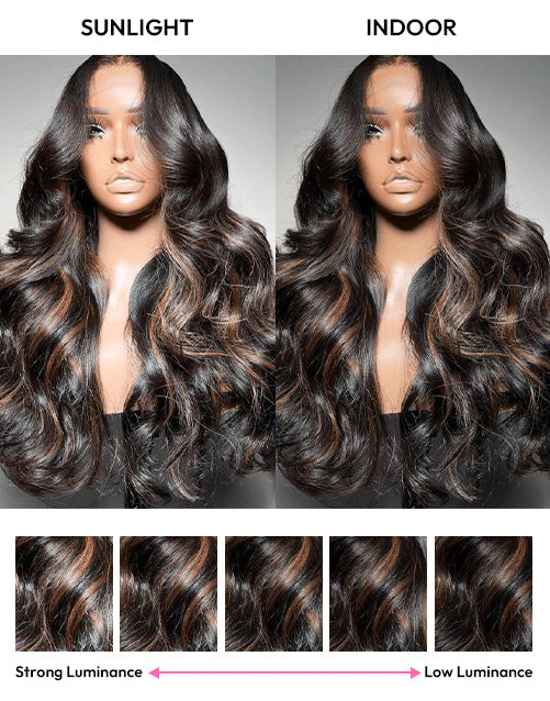 Clara- Brown Highlights Glueless Upgraded 13x5 Pre Cut Lace Frontal Body Wave Wig Black Roots Human Hair