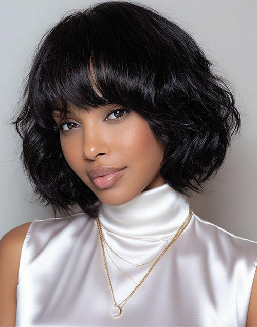 2 WIGS=$89|12" Wavy Bob Wig With Bangs+12" 99J Bob Straight 4x4 Pre Cut Lace Wig With Bangs Flash Deal