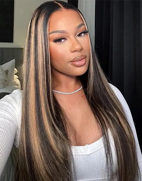 Della- With Drawstring Highlight Honey Straight Layer Cut Wig Pre Cut Lace Glueless Wig