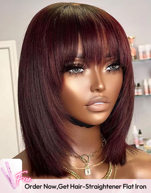 12" Burgundy Layer Cut Straight Bob Wigs With Bangs 4x4 Lace Wig Flash Deal