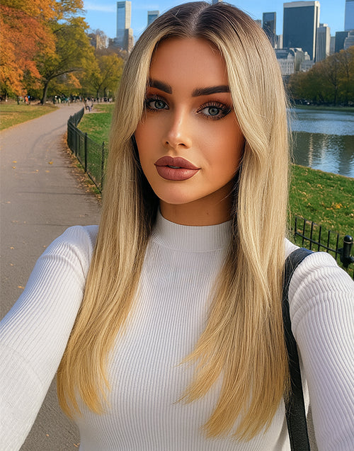 Winly- T4/27 Ombre Light Brown Honey Curtain Bangs Layered Straight Glueless Wig 13x5 Pre Cut Lace