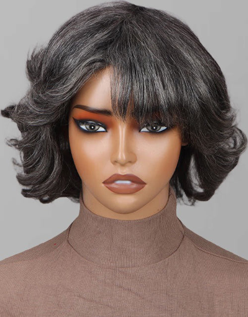 Arit- Medium Salt & Pepper Natural Wavy Bob Wig With Bangs For Women Glueless Wig Silver Gray Non Lace Wig