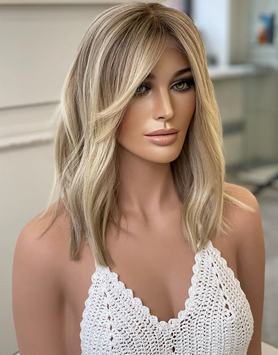 Curtain Bangs Ombre Ash Blonde 4x4 Lace Bob Highlight Human Hair Wig Glueless Wig