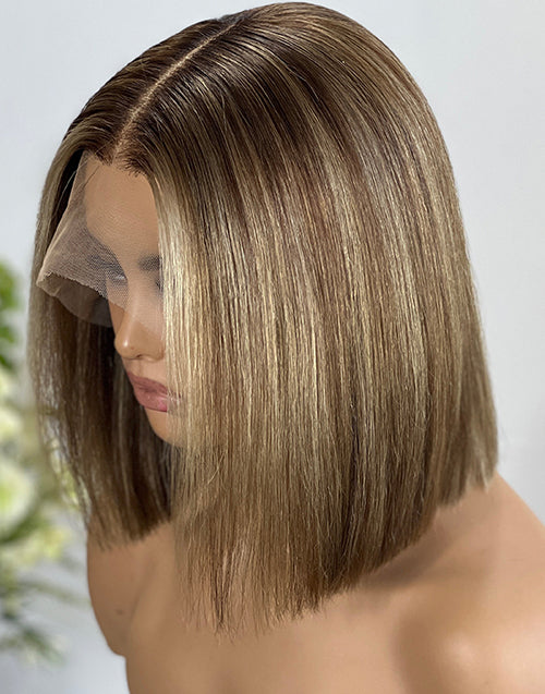 Latia- Ombre Blonde Straight Bob Wig Light Brown Highlights Human Hair True-Hold Glueless Wigs