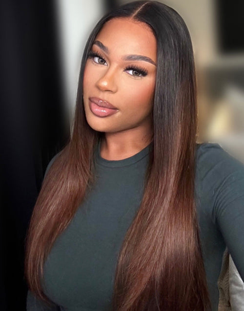 Glueless Pull Go Wig Ombre Brown Straight Wig With Black Roots Wig Pre Cut Lace