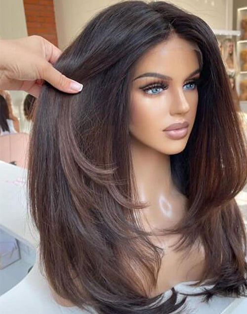 Ella- Ombre Brunette Brown Layered Cut Straight True-Hold Gluless Wig 5.5x5.5 Lace For Women