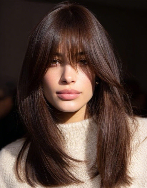 Sloane- Warm Brown Human Hair Wigs With Wispy Bangs Face Framing Glueless Wigs