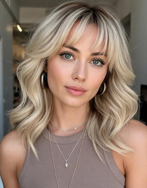Vitha- Buttery Platinum Layers With Soft Curtain Bangs Wavy Bob True-Hold Glueless 5.5x5.5 Lace Wig