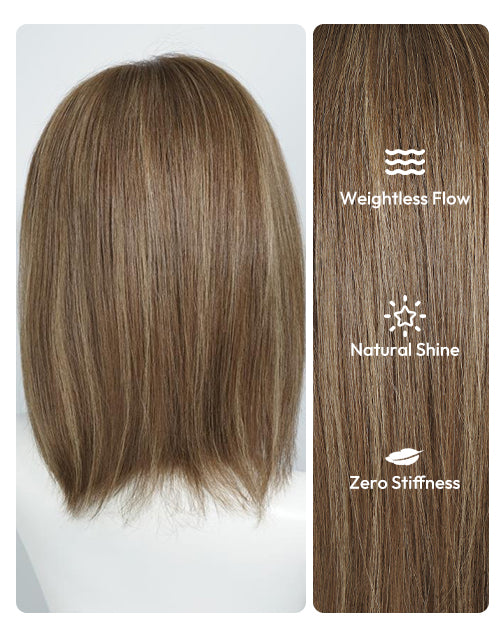 Georgia- Highlight Golden Brown Straight Bob Wig With Curtain Bangs True-Hold Glueless 5.5x5.5 Lace Wig