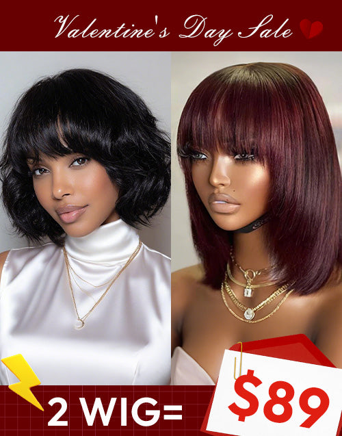 2 WIGS=$89|12" Wavy Bob Wig With Bangs+12" 99J Bob Straight 4x4 Pre Cut Lace Wig With Bangs Flash Deal