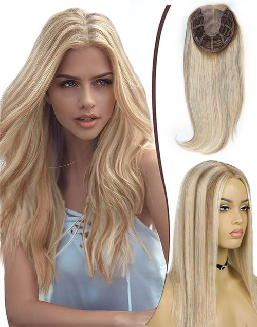 Remy Human Hair Topper Highlight Brown Mixed Platinum Blonde 6"X7" Lace Front Clip In