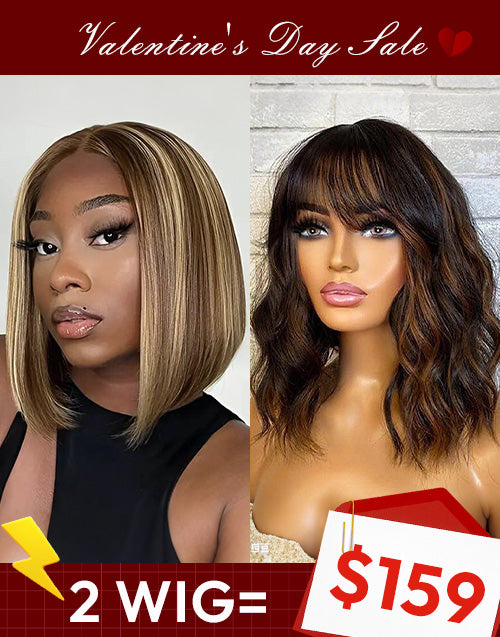2 WIGS=$159|14" Brown Highlight Wavy Bob 5x5 Pre Cut Lace Wig With Bangs+10" Balayage Bob Straight 13x5x1 Lace Wig Flash Deal