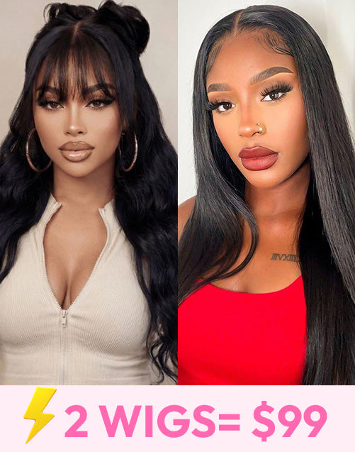$99=2 WIGS|18" 13x5 Lace Straight Wig +16" Body Wave 13x5 Pre Cut Lace Wig With Bangs Flash Deal