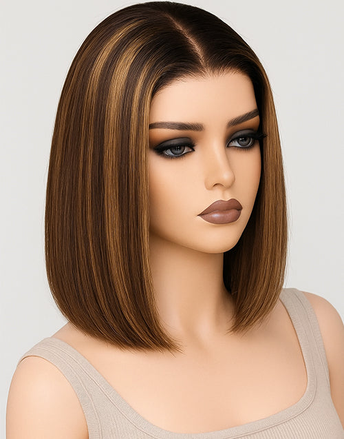 Sarena- Coffee Brown With Blonde Straight Bob Wig Pre Cut Lace Glueless Pull Go Wig