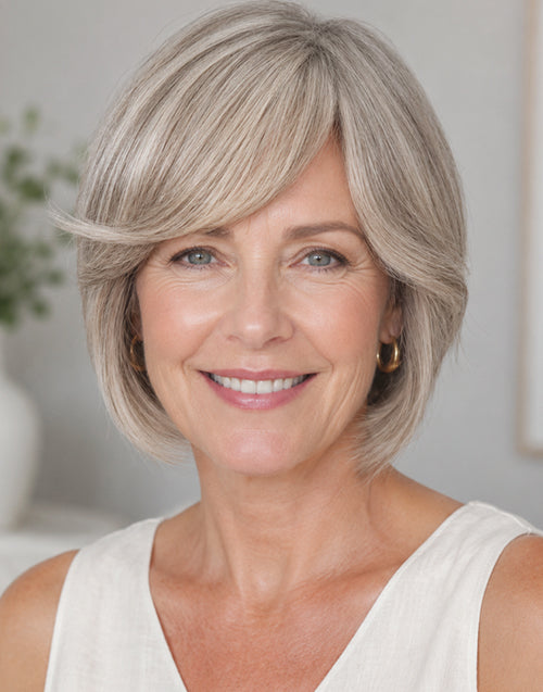 Toya- Highlight Light Grey Straight Wig With Side Bangs Full Basic Cap 100% Human Hair Wigs Short Cut Style