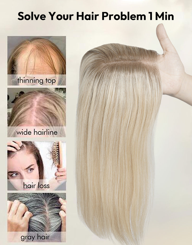5.5"x6" Fine Mono Top Lace Straight Human Hair Topper Seamless Clip-In Coverage for Thinning Hair