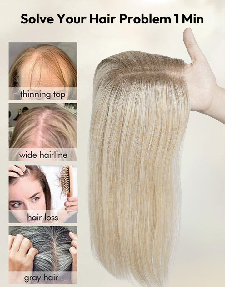 5.5"x6" Fine Mono Top Lace Straight Human Hair Topper Seamless Clip-In Coverage for Thinning Hair