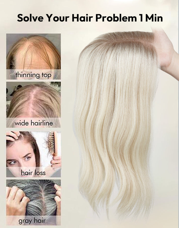5.5"x6" Wavy Fine Mono Human Hair Topper Seamless Clip-In Coverage For Thinning Hair