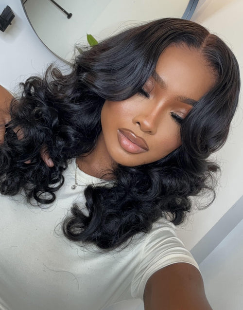 [Ready To Ship Only For US] Dinah- Glueless Pull Go Face Framing Full Bouncy Wavy Wig Human Hair Curtain Bangs Pre Cut Lace