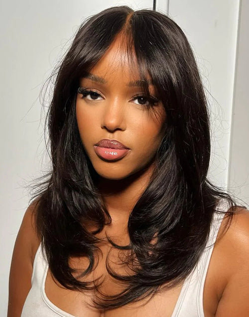 [Ready To Ship Only For US] Carol- Pre Cut 9x6/7x5 Lace Wavy Layer Cut Glueless Wig With Curtain Bangs