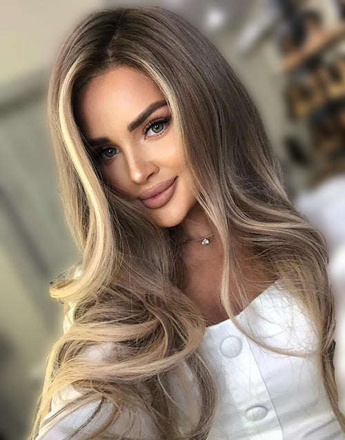 [Uma]Dark Ash Blonde  Color Wavy 4x4 Lace Wig Highlights Wigs Dark Roots