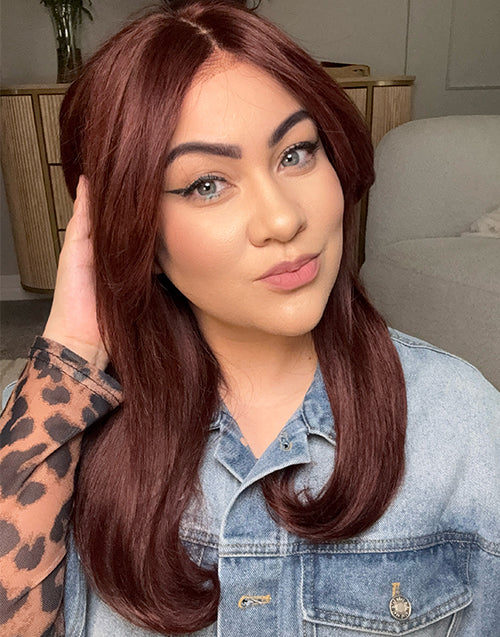 Hayes- Celebrity Same Reddish Brown Layered Straight Pull Go Wig With Curtain Bangs Pre Cut Lace With Drawstring