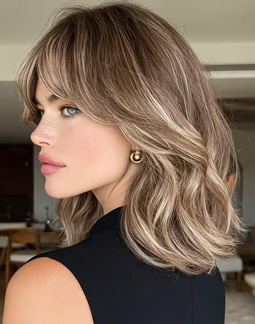 Deimy- Elegant Brown Highlight Wavy Bob Wigs With Curtain Bangs True-Hold Glueless Wig 100% Human Hair