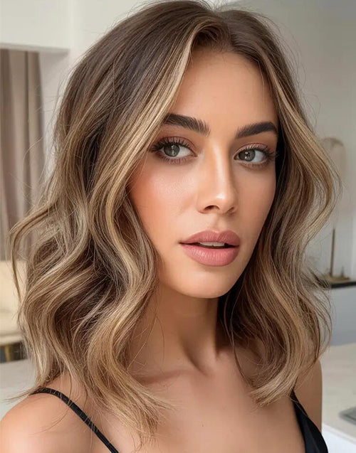 Berlis- Smoky Toffee Medium Balayage Wavy Bob Wig True-Hold Glueless Wigs