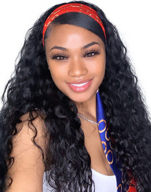 26" Water Wave Headband Human Hair Wig Easily Do High Ponytail/Bun By Yourself Flash Deal