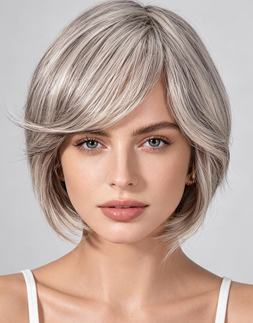 Toya- Highlight Light Grey Straight Wig With Side Bangs Full Basic Cap 100% Human Hair Wigs Short Cut Style