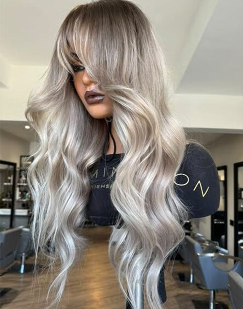 24" Dark Ash Blonde With Blonde Highlights Wavy 5x5 Lace Wig With Curtain Bangs Flash Deal