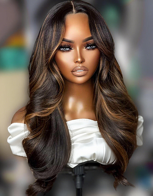 Namila- Hairstylist Inspired Brown Highlight Layered Wavy Wig Pre Cut Lace Glueless Wig