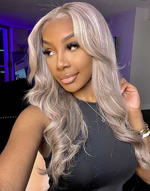 20" Highligh Ash Blonde Curtain Bangs Layered Wavy Glueless Wig 5.5x5.5 Lace Flash Deal