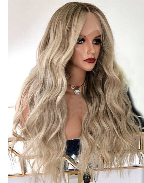 Joyce-Ombre Ash Blonde Long Wavy Wig 220% Density 360 Full Lace Frontal Human Hair Wig for Women