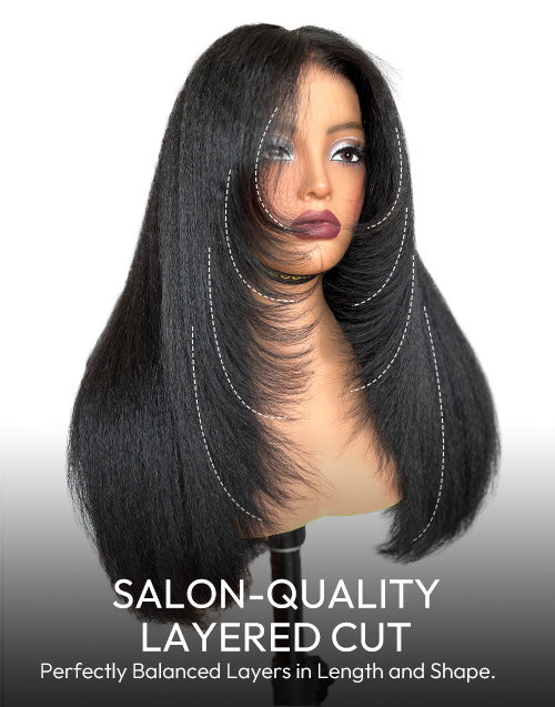 Valencia- Pull Go Glueless Wig Layer Cut Kinky Straight Human Hair Wig Pre Cut Lace