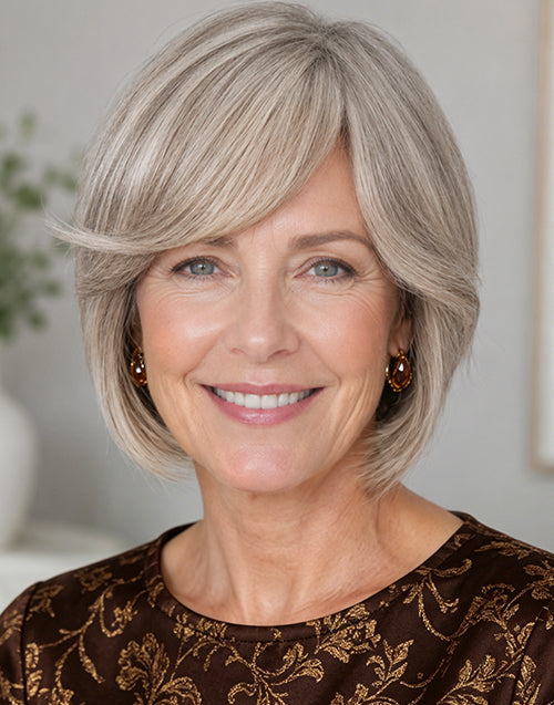 Toya- Highlight Light Grey Straight Wig With Side Bangs Full Basic Cap 100% Human Hair Wigs Short Cut Style