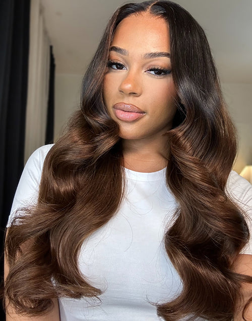 Zinnia- Glueless Pull Go Wig Ombre Brown Wavy Wig With Black Roots Pre Everything Human Hair Wig