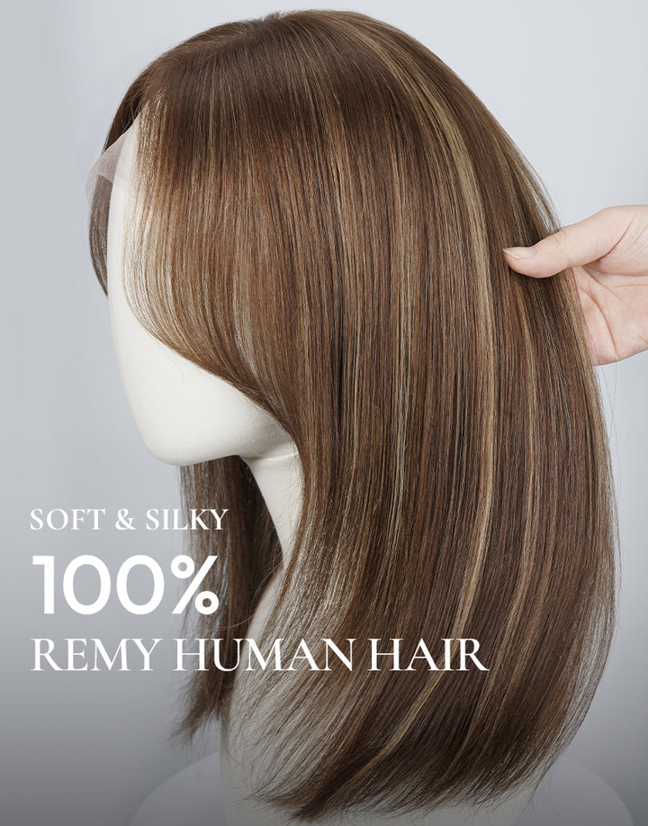 Paola- Highlight Golden Brown Straight Layered Bob Wig With Curtain Bangs True-Hold Glueless Human Hair Wig