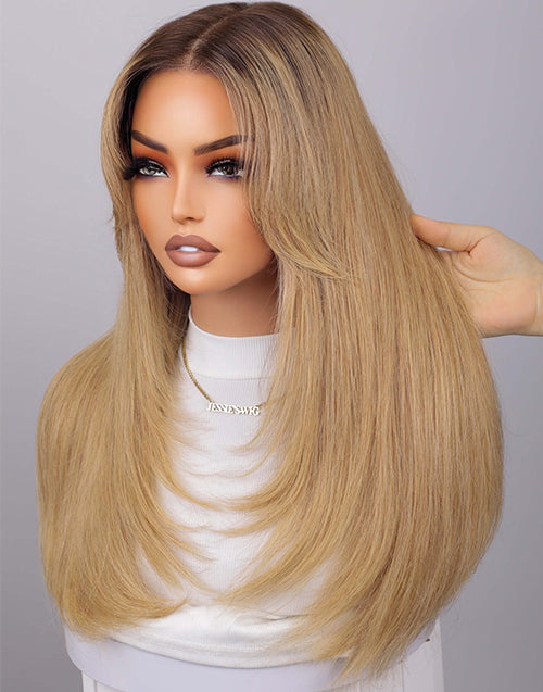 Winly- T4/27 Ombre Light Brown Honey Curtain Bangs Layered Straight Glueless Wig 13x5 Pre Cut Lace