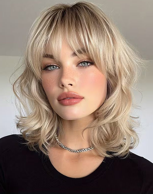 Minimalist Lace Blonde Gradient Highlights Layered Wavy Bob Wig With Bangs Flash Deal