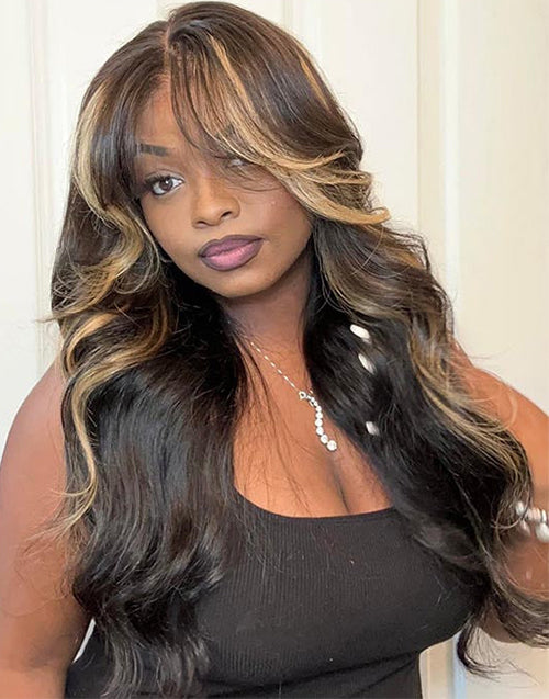 Curtain Bangs Mixed Honey With Black Loose Wavy 13x5 Pre Cut Lace Glueless Wig