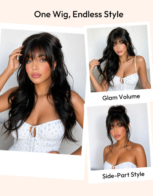 Three-panel promotional collage showing a woman modeling a long, wavy black wig with bangs in different styling options: full front view, half-up side view, and side-part view. Text at the top reads 'One Wig, Endless Style,' with labels 'Glam Volume' and 'Side-Part Style.