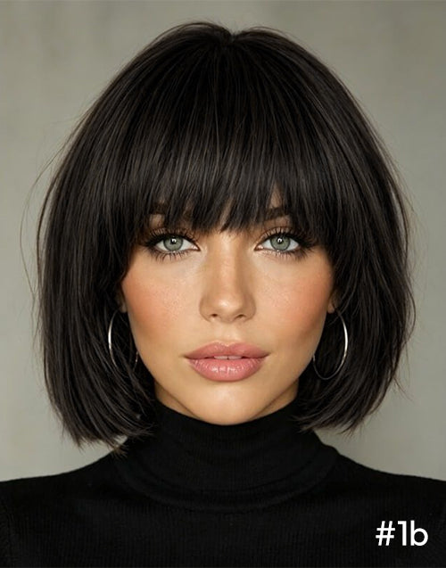Front view of a chin-length short bob wig in shade #1B Natural Black