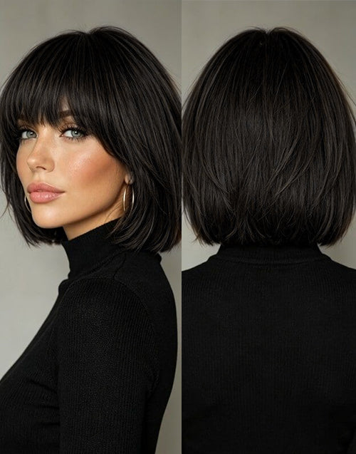 Side-by-side front and back view of a chin-length off-black short bob wig