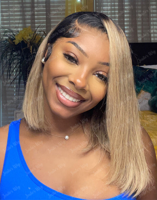 Elma- Ombre Ash Blonde Short Straight Cut 13x4 Lace Front Bob Wig Glueless Human Hair Wig